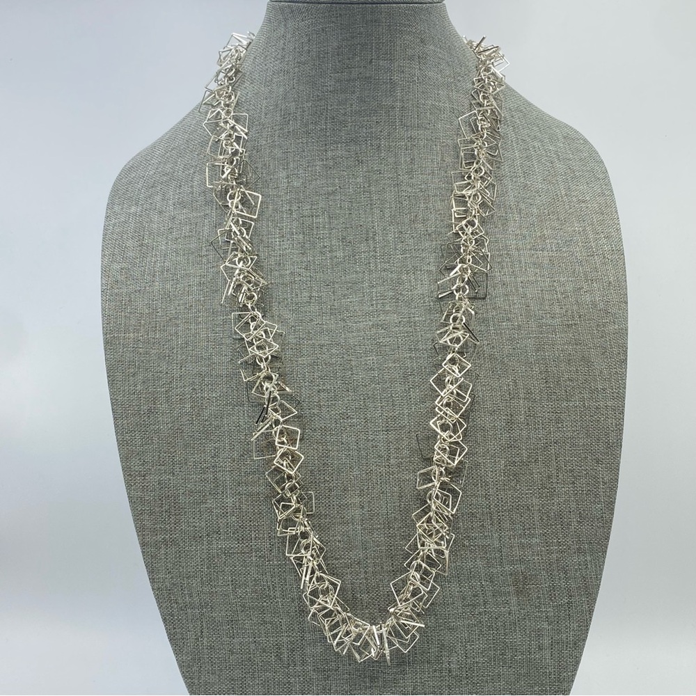 Silver Tone Modernist Abstract Square Dangle Statement Necklace Garland Unique